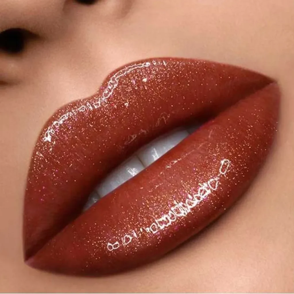 Copper glossy lipstick.