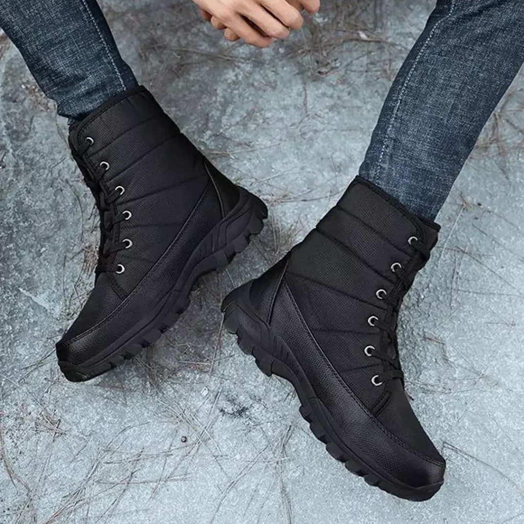 waterproof black winter boots outfit for men