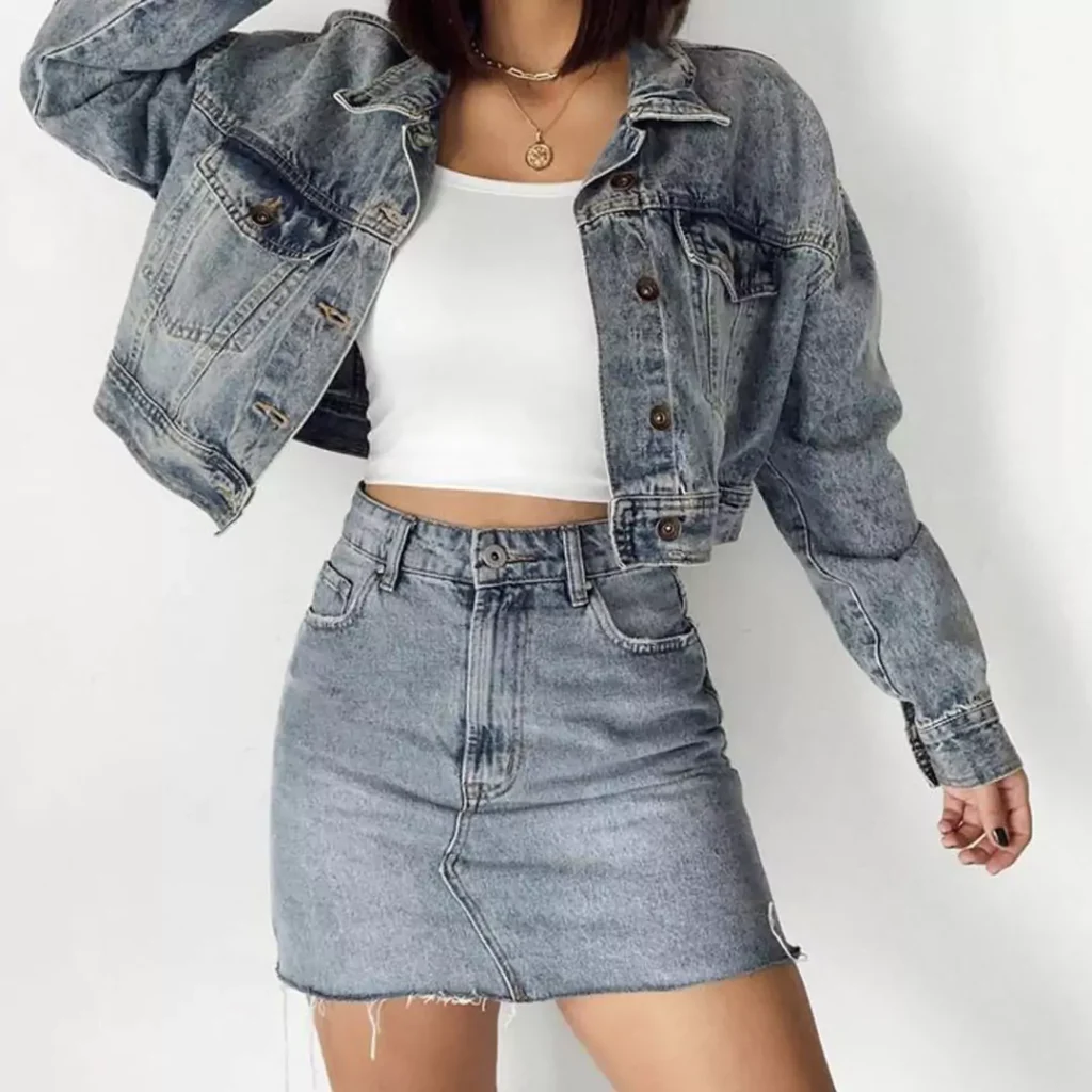 modish short jean skirt outfit