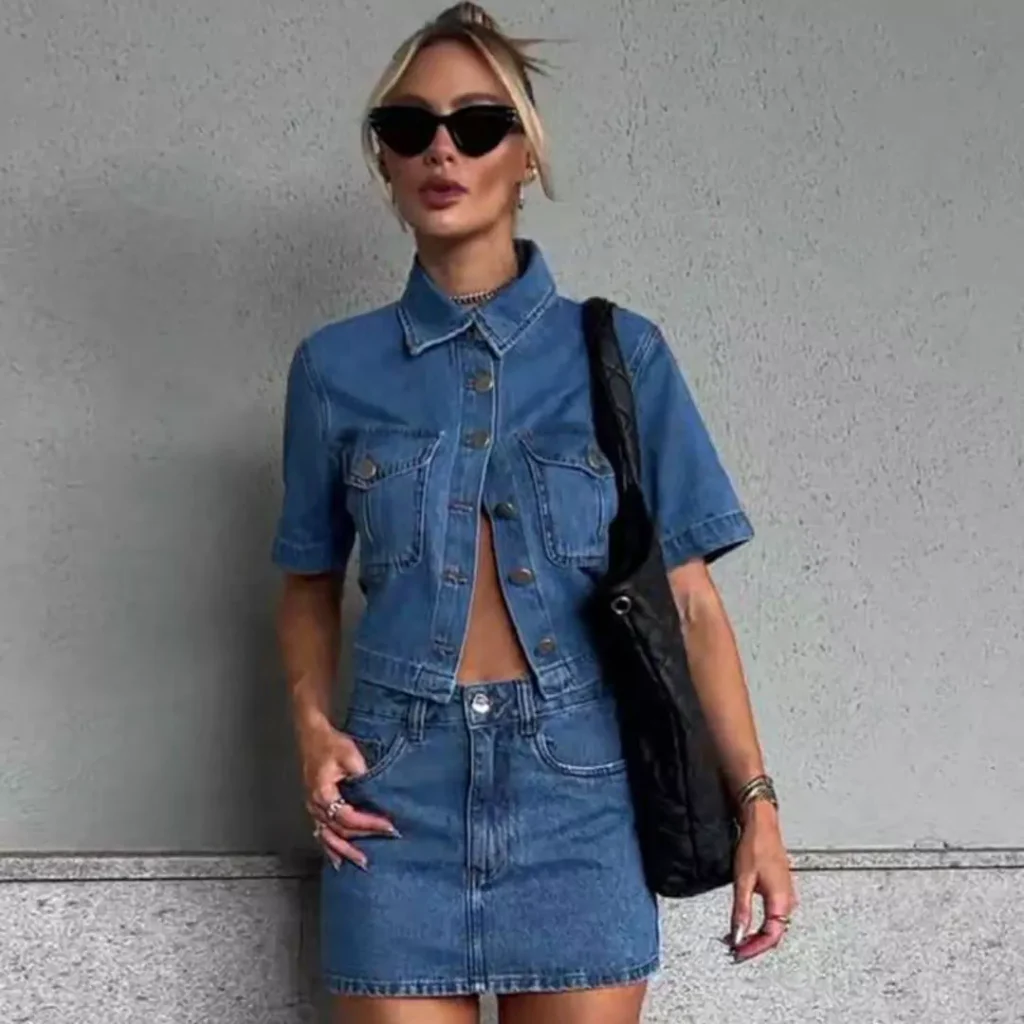 stylish short jean skirt outfit