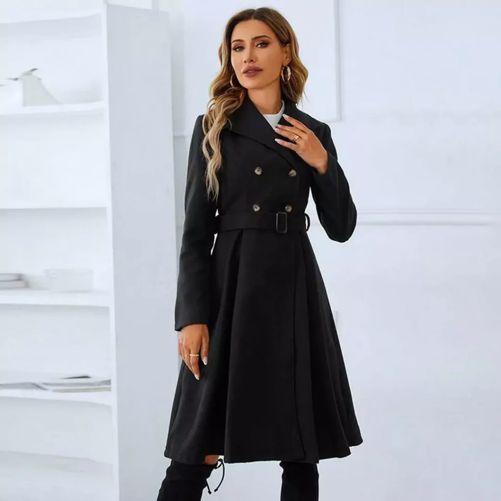 fashionable black woolen overcoat for women 