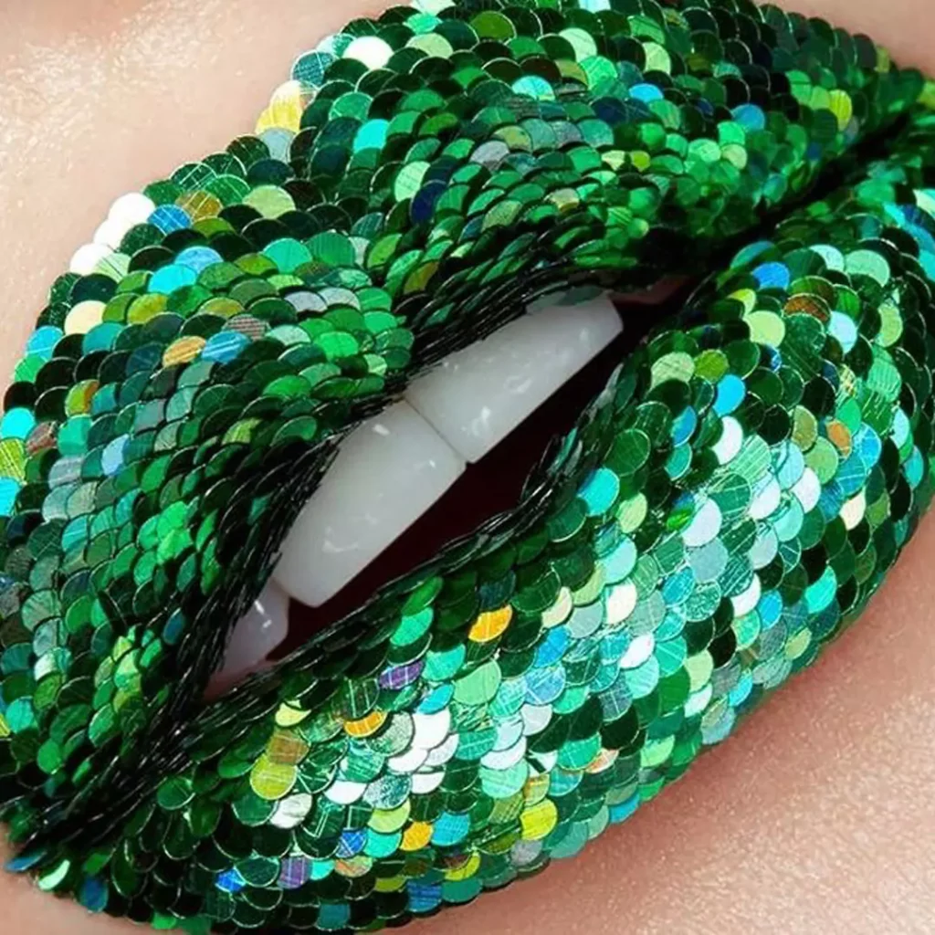 Eye-catching lip makeup with sequins