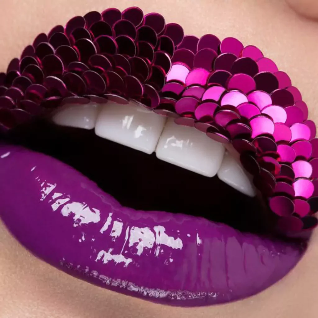 Attractive lip makeup with sequins