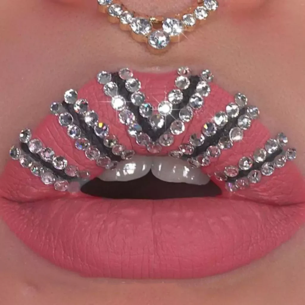 cute lip makeup with jeweled designs