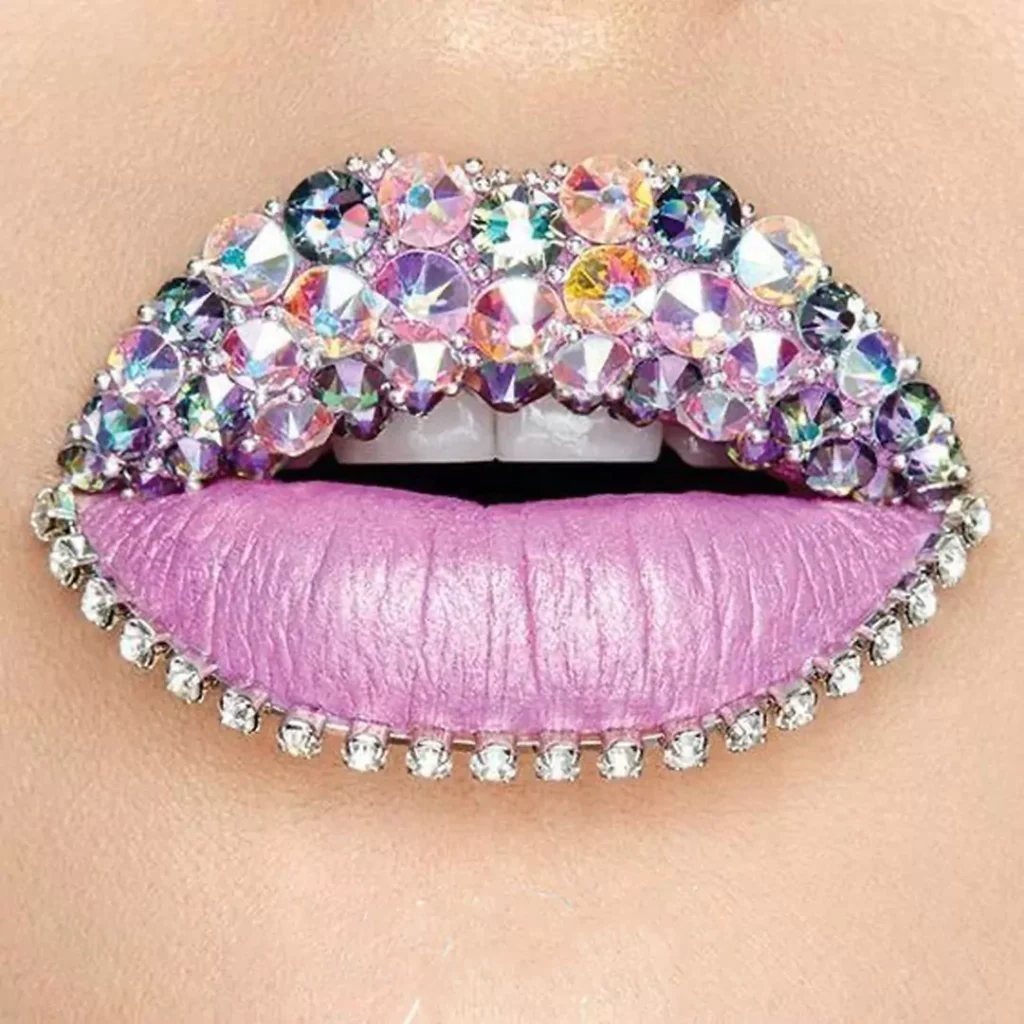 special purple lip makeup with jeweled designs