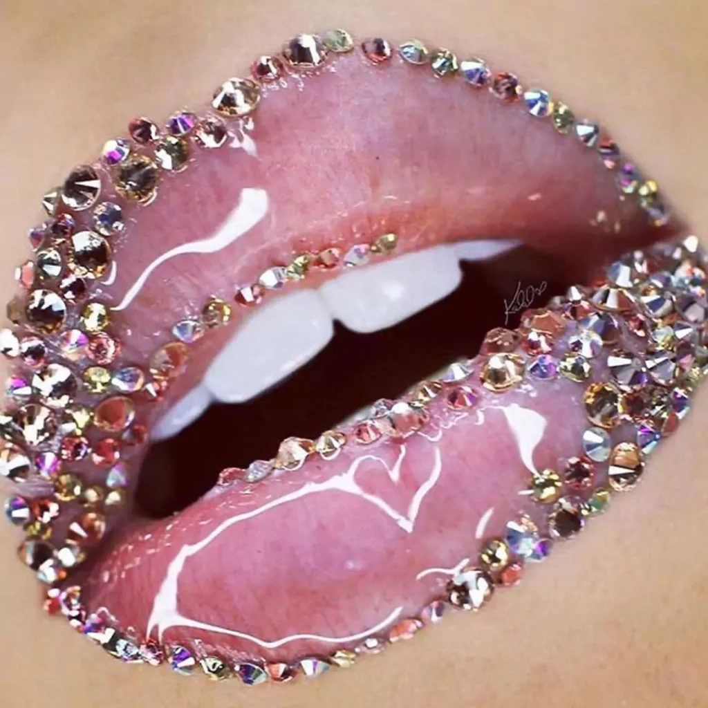 attractive lip makeup with jeweled designs