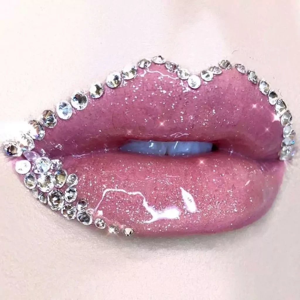 beautiful lip makeup with jeweled designs