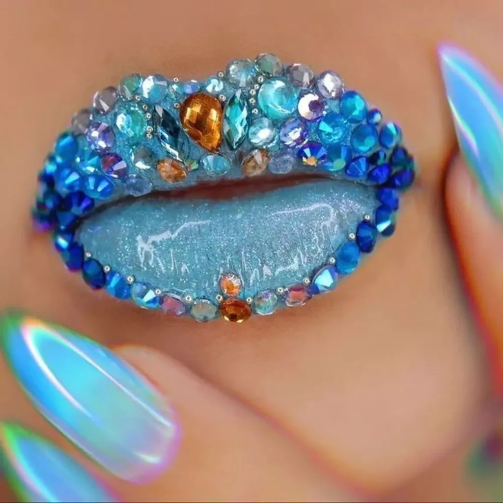 blue lip makeup with jeweled designs