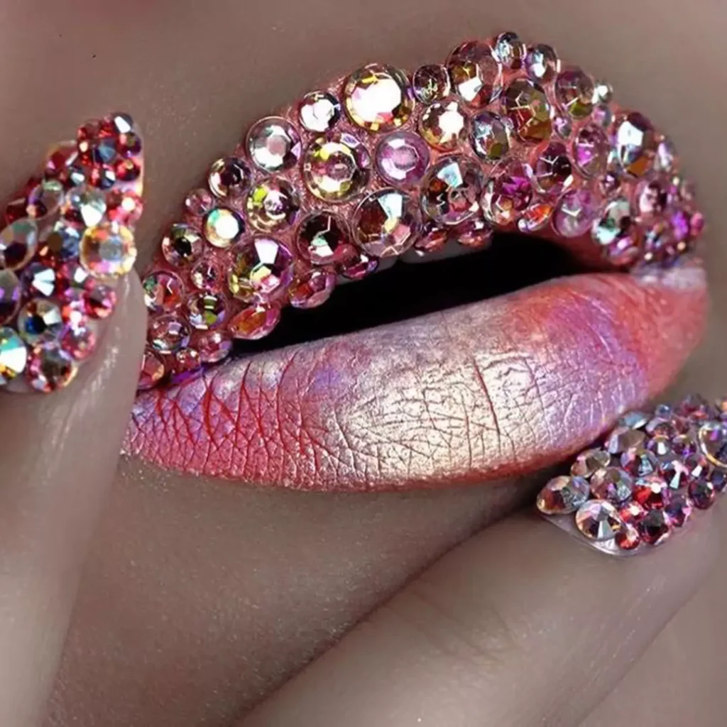 pink lip makeup with jeweled designs