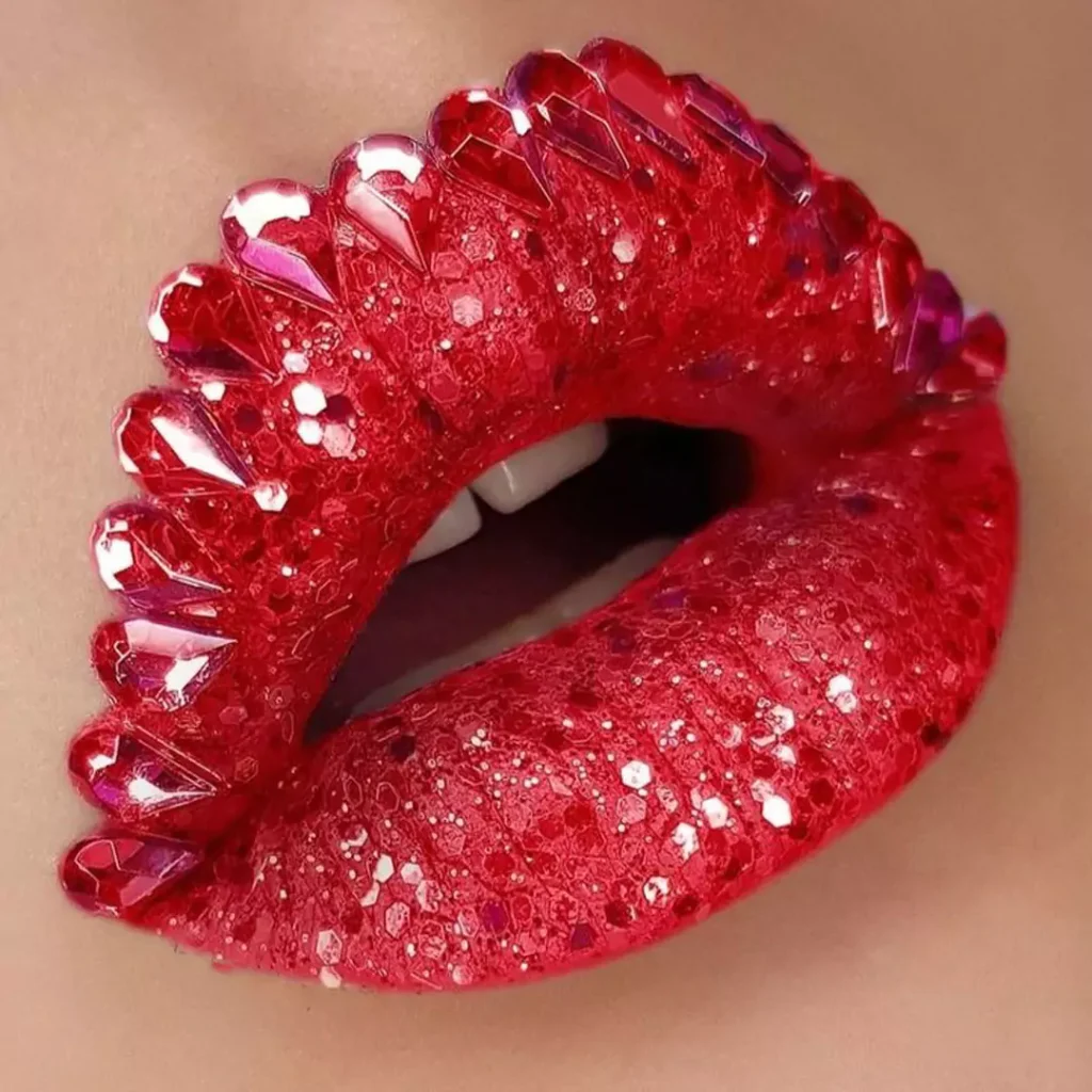 red lip makeup with jeweled designs