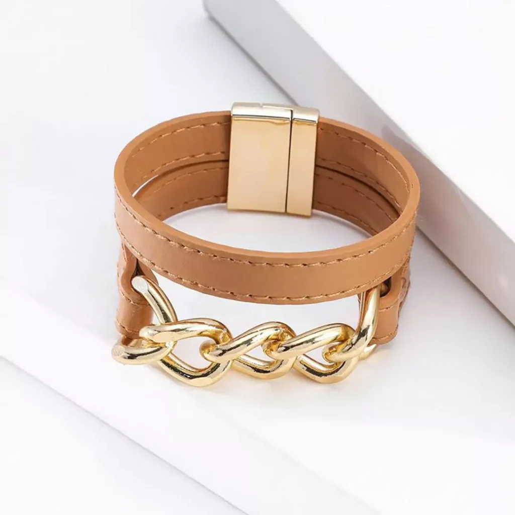 glamorous Leather Strap Gold Bracelets 