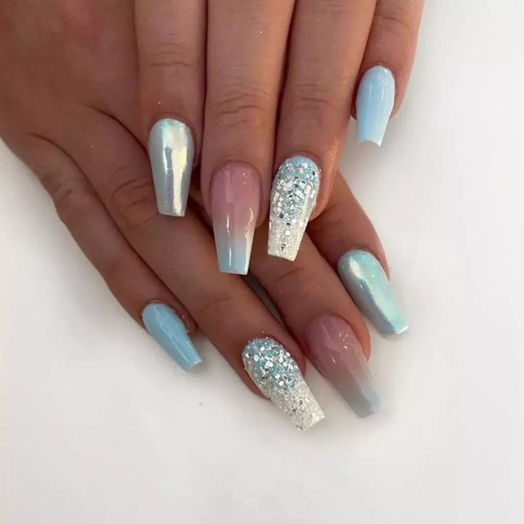 glamorous light blue theme nail designs 