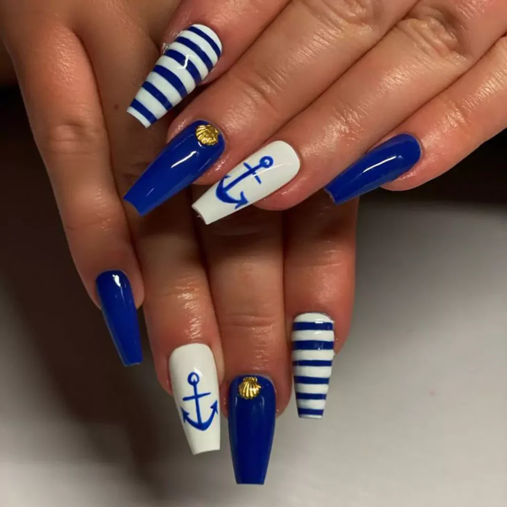 sophisticated blue and white nail designs