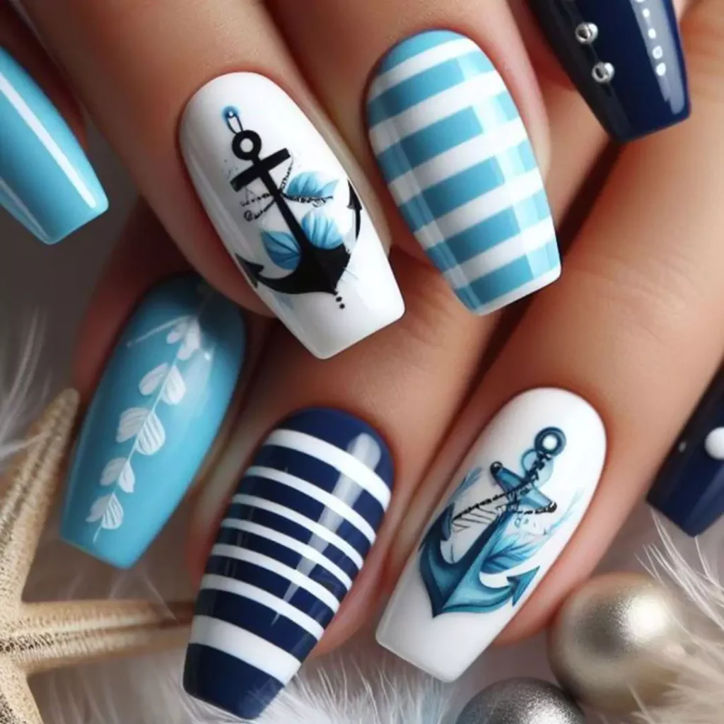 glamorous blue and white nail designs