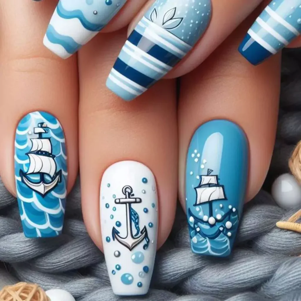 exquisite blue and white nail designs