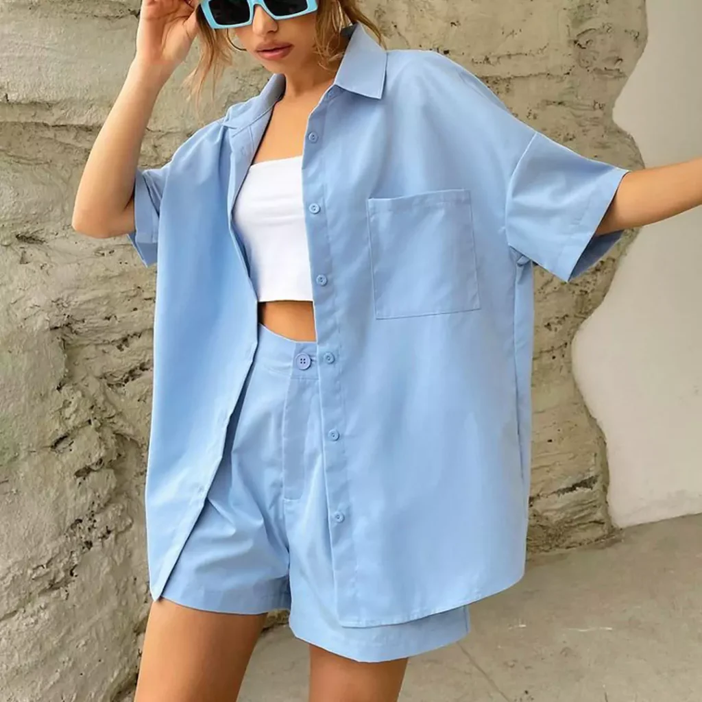 eye-catching blue shirts outfit for women 