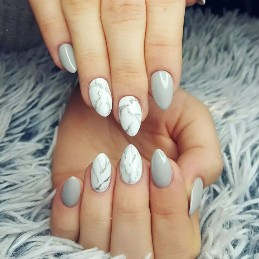 whimsical gray and white nail design