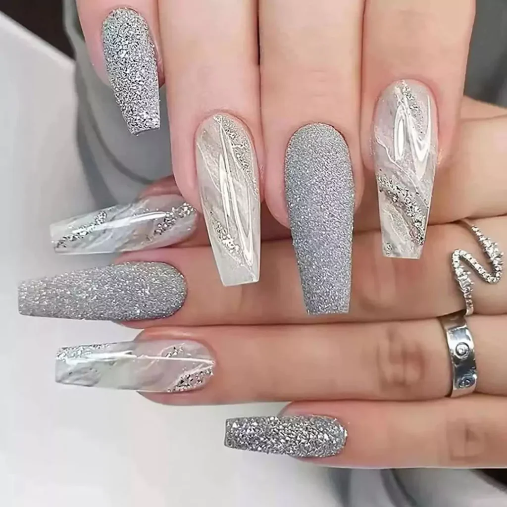 whimsical gray long nail designs