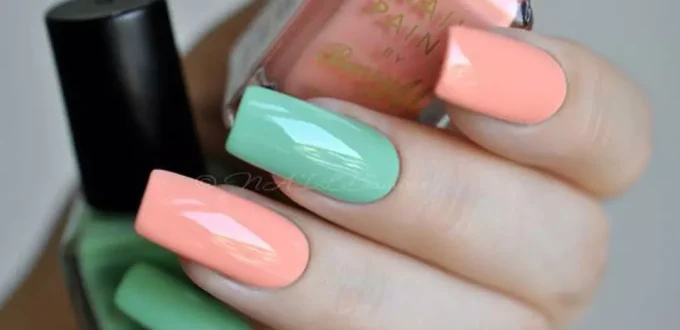 delicate green and peach nail designs