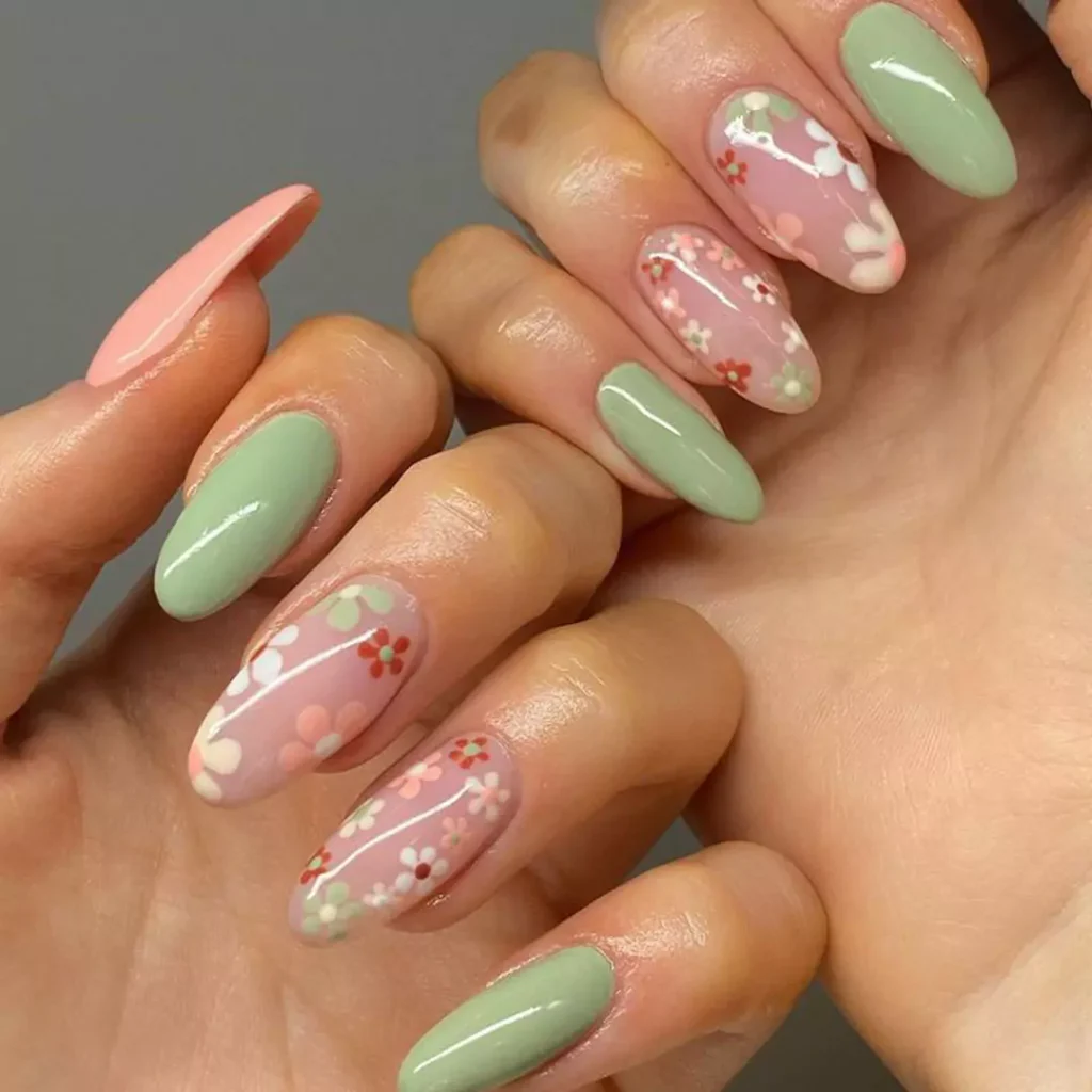 dazzling green and peach nail designs