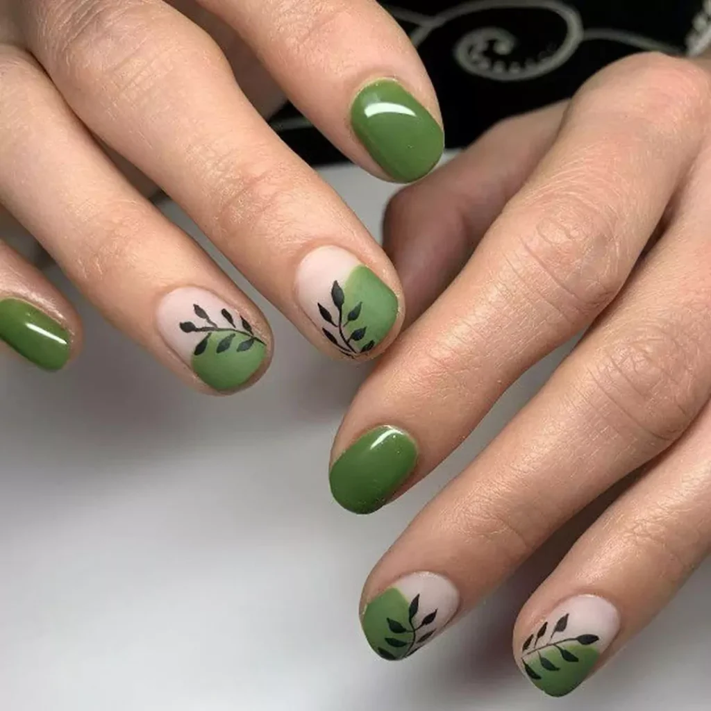 sophisticated green and peach nail designs