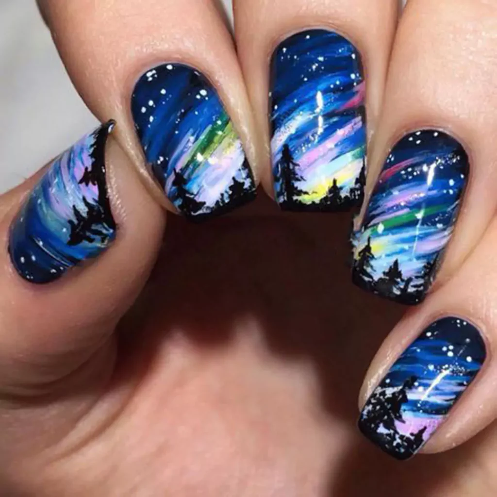 whimsical nail designs with landscapes theme 