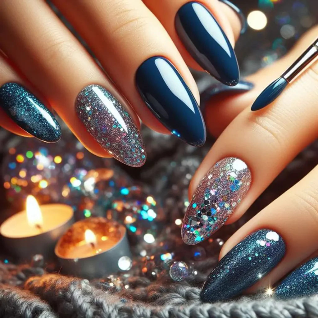 sophisticated blue glitter nail designs of 2024