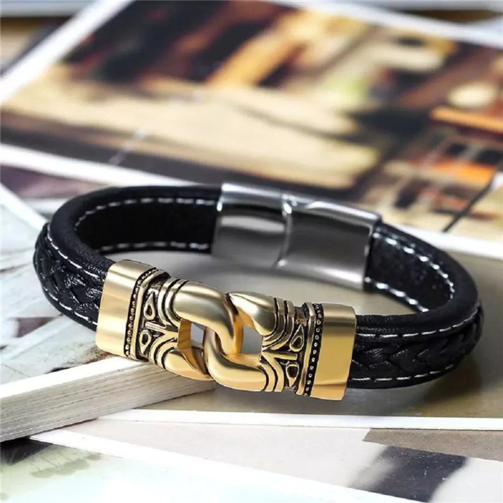 glamorous leather strap gold bracelets for men 