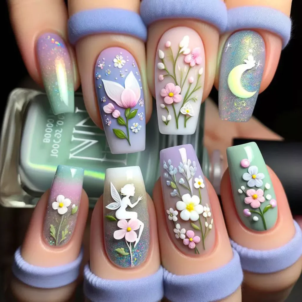 elegant nail designs with a fantasy flower theme 