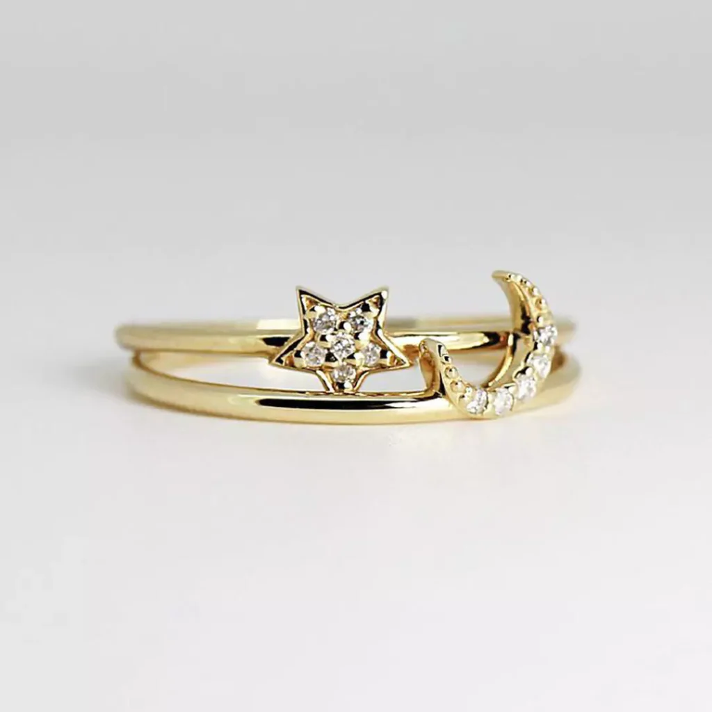 glamorous gold moon and star rings 