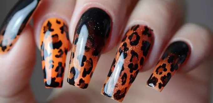 leopard black and orange nail designs