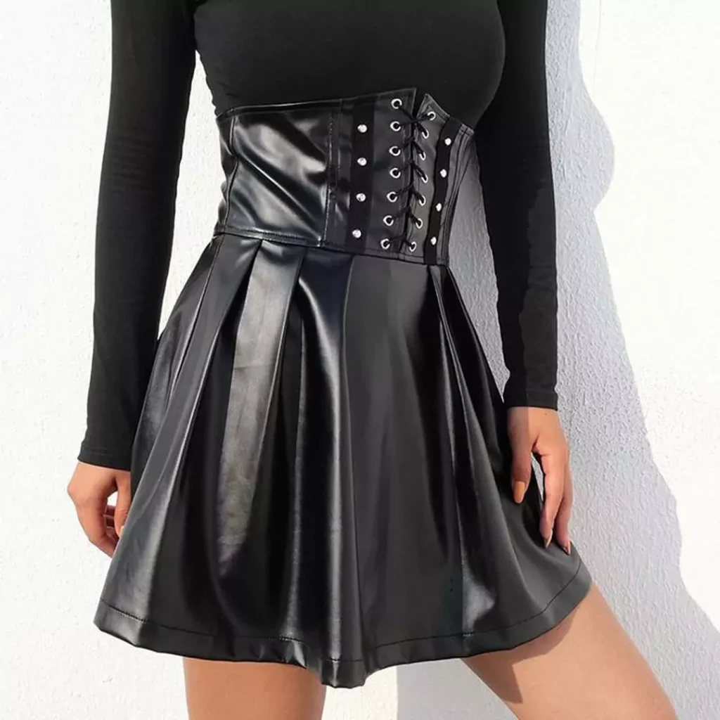 trendy short black leather skirts for women 