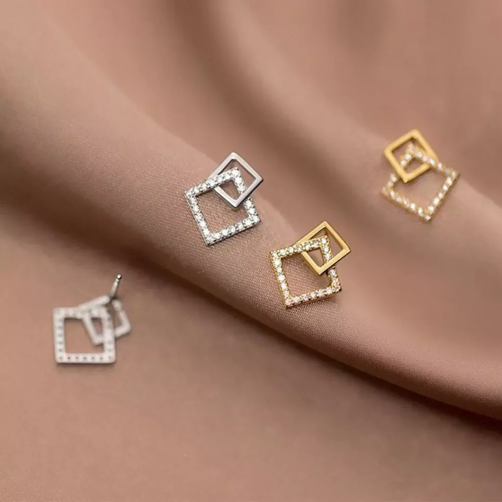 delicate gold square studs earrings