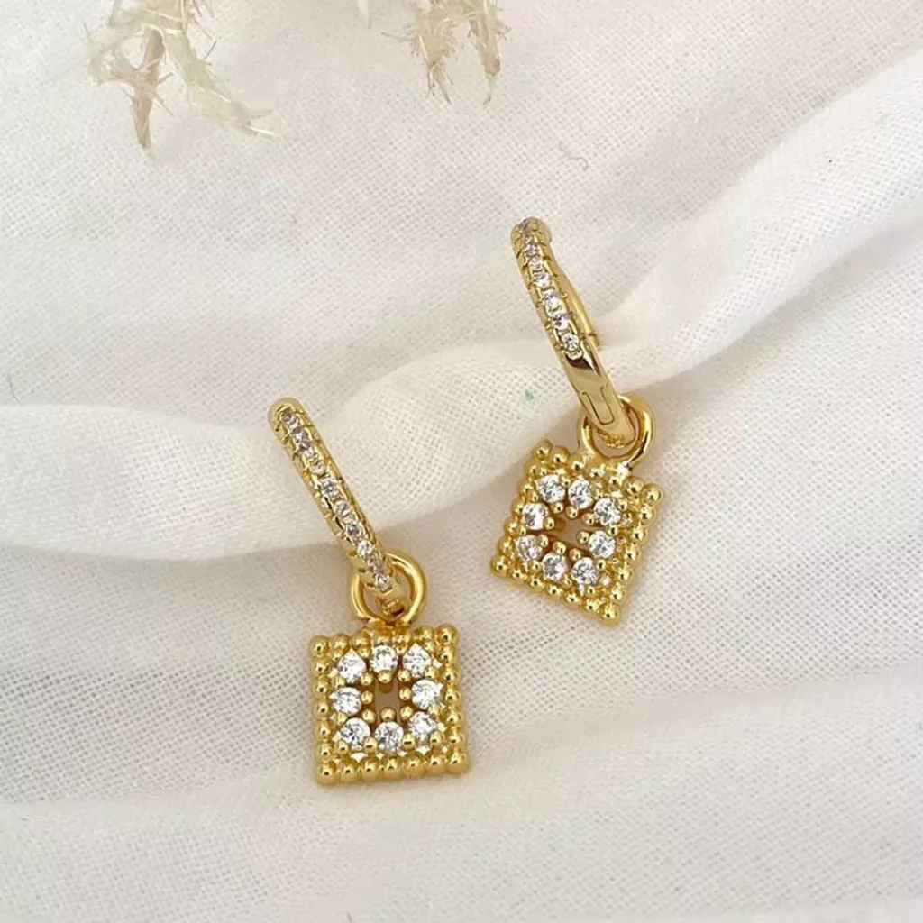 dazzling square drop gold earrings